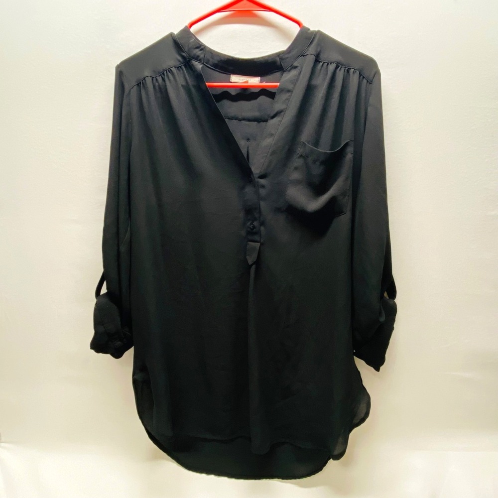 Pleione Popover Blouse Women's Small Black V-Neck 3/4 Roll Tab Sleeve Semi Sheer